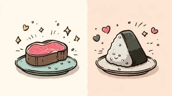 Steak with an awkward boss vs rice ball with a friendly coworker question illustration